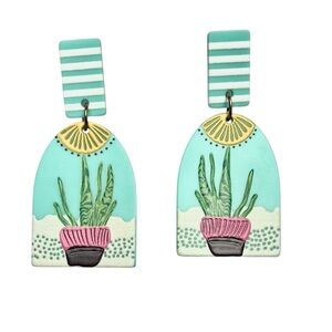 Handcrafted Clay Turquoise Statement Cactus Desert Earrings